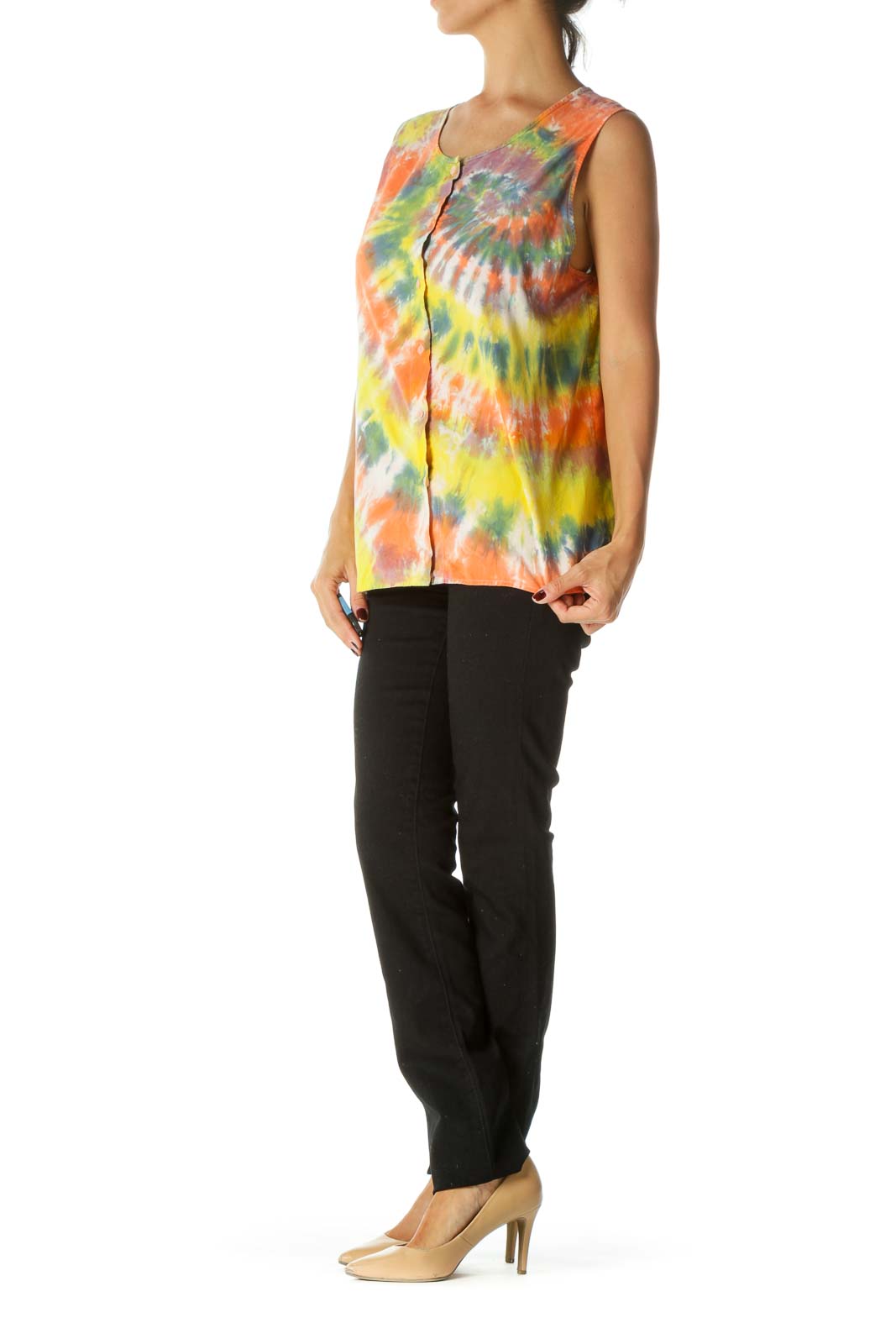 Tie-Dye Sleeveless Button-Down Blouse