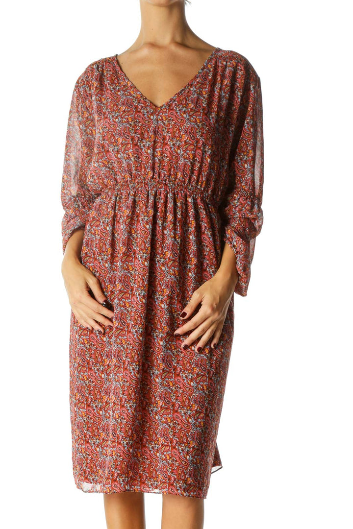 Burnt Orange Multicolored Paisley-Print Peasant-Sleeve Cinched-Waist Day Dress