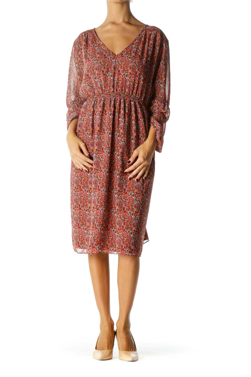 Burnt Orange Multicolored Paisley-Print Peasant-Sleeve Cinched-Waist Day Dress