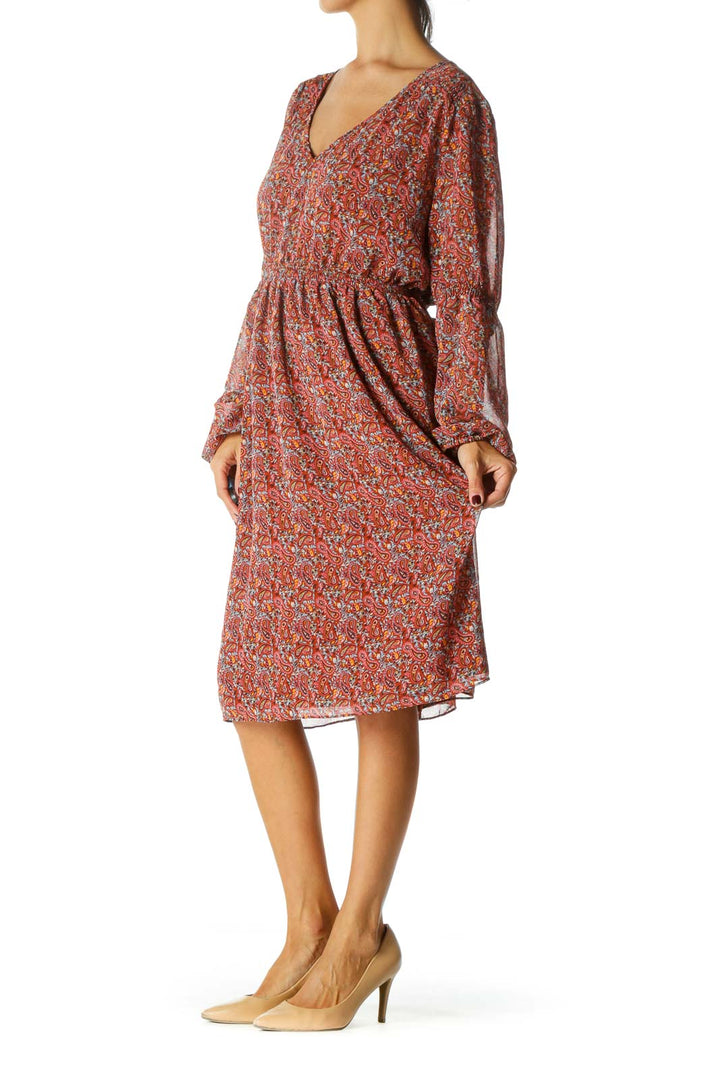 Burnt Orange Multicolored Paisley-Print Peasant-Sleeve Cinched-Waist Day Dress