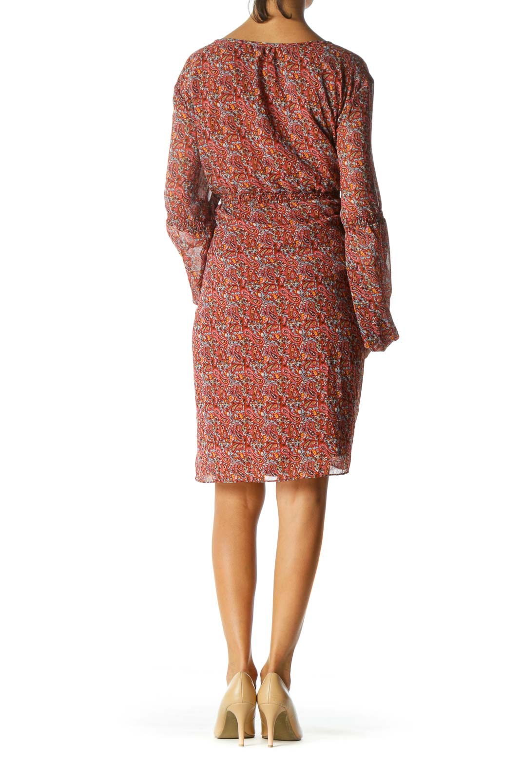 Burnt Orange Multicolored Paisley-Print Peasant-Sleeve Cinched-Waist Day Dress