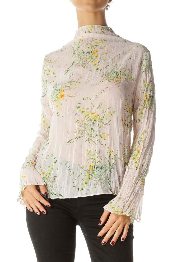 Pink Green & Yellow Floral Print Translucent High-Neck Long-Sleeve Blouse