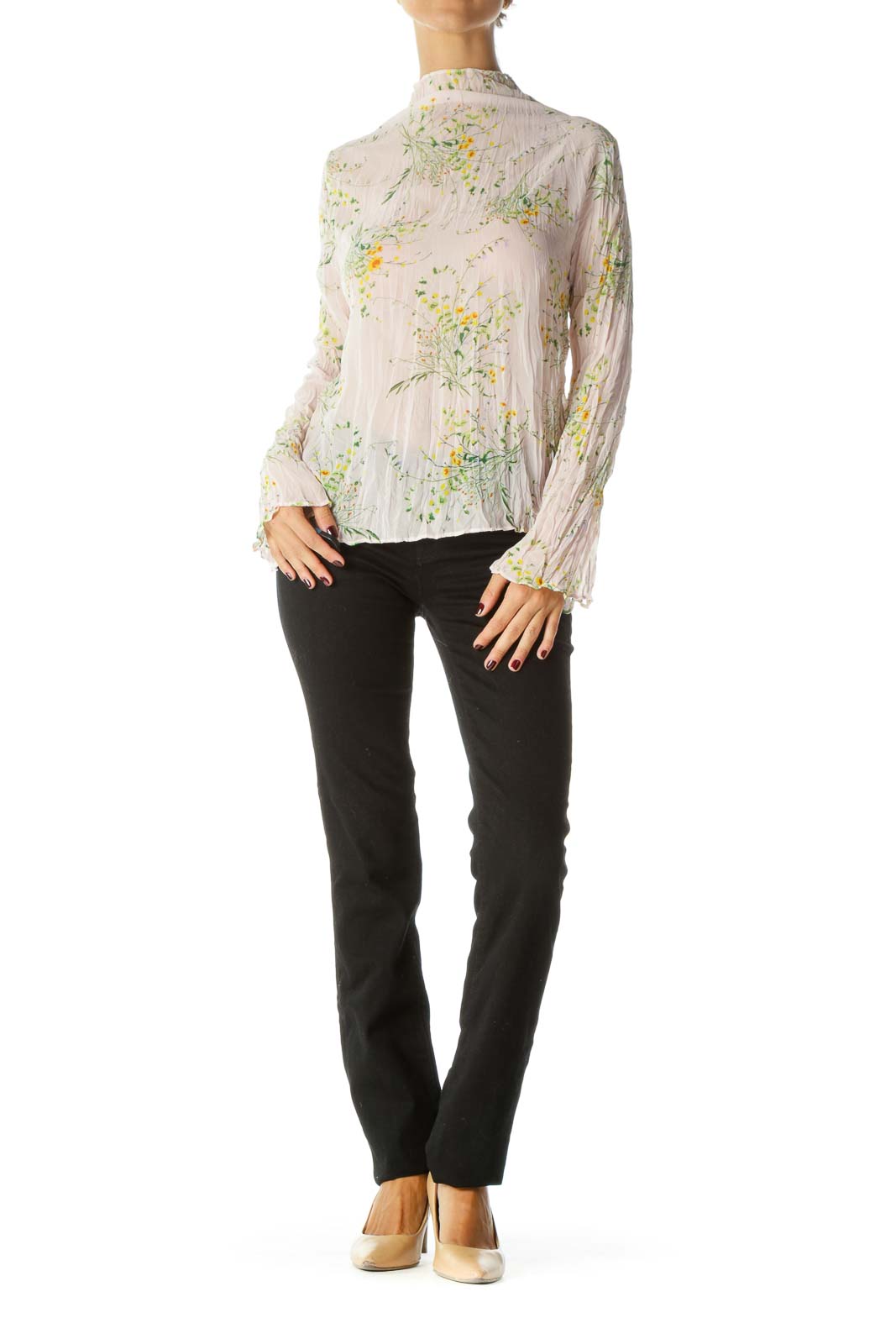 Pink Green & Yellow Floral Print Translucent High-Neck Long-Sleeve Blouse