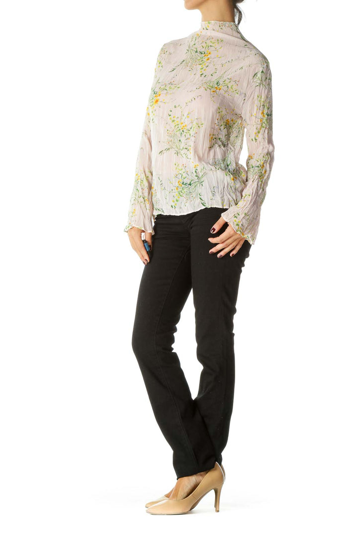 Pink Green & Yellow Floral Print Translucent High-Neck Long-Sleeve Blouse