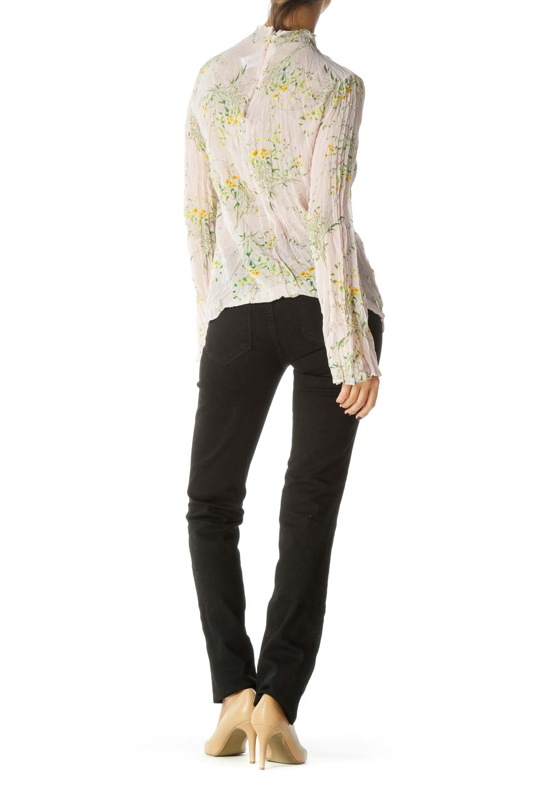 Pink Green & Yellow Floral Print Translucent High-Neck Long-Sleeve Blouse