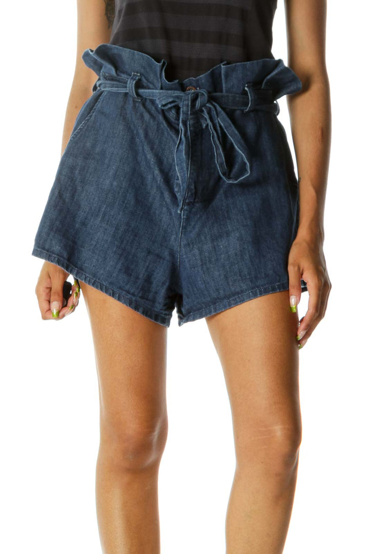 Blue Paperbag High-Waist Shorts