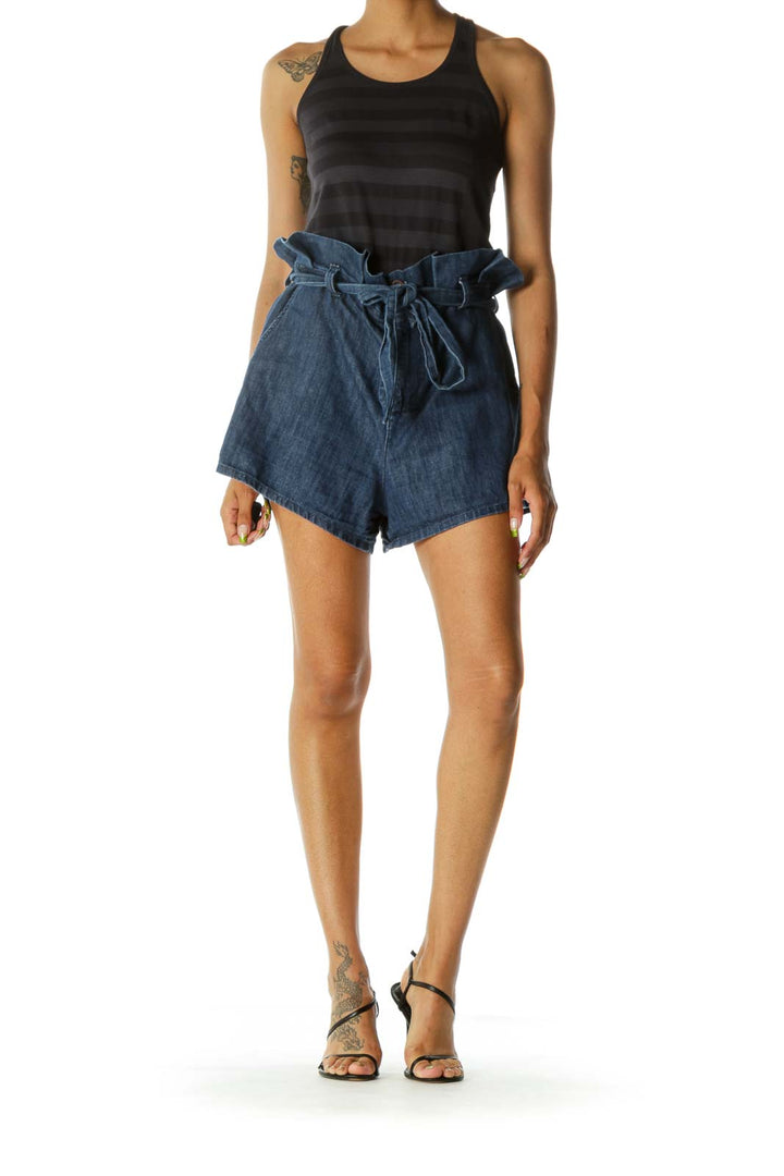 Blue Paperbag High-Waist Shorts