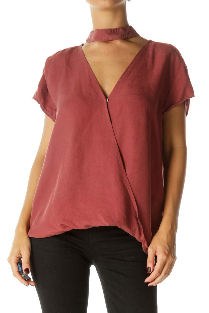 Maroon Cross-Front Choker-Neck Short-Sleeve Blouse