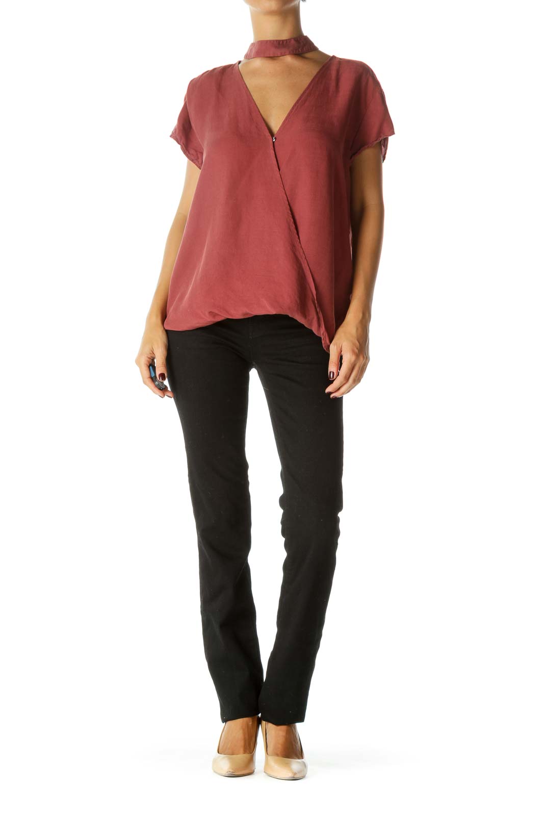 Maroon Cross-Front Choker-Neck Short-Sleeve Blouse