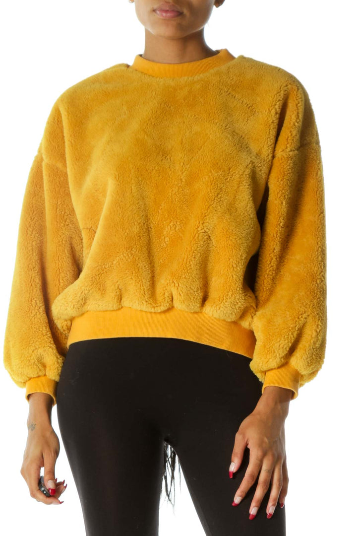 Yellow Round Neck Long Sleeve Fluffy Sweater