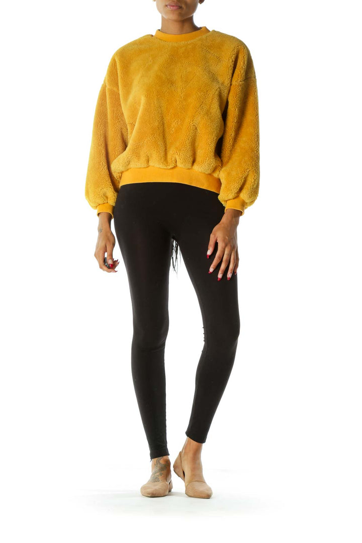 Yellow Round Neck Long Sleeve Fluffy Sweater