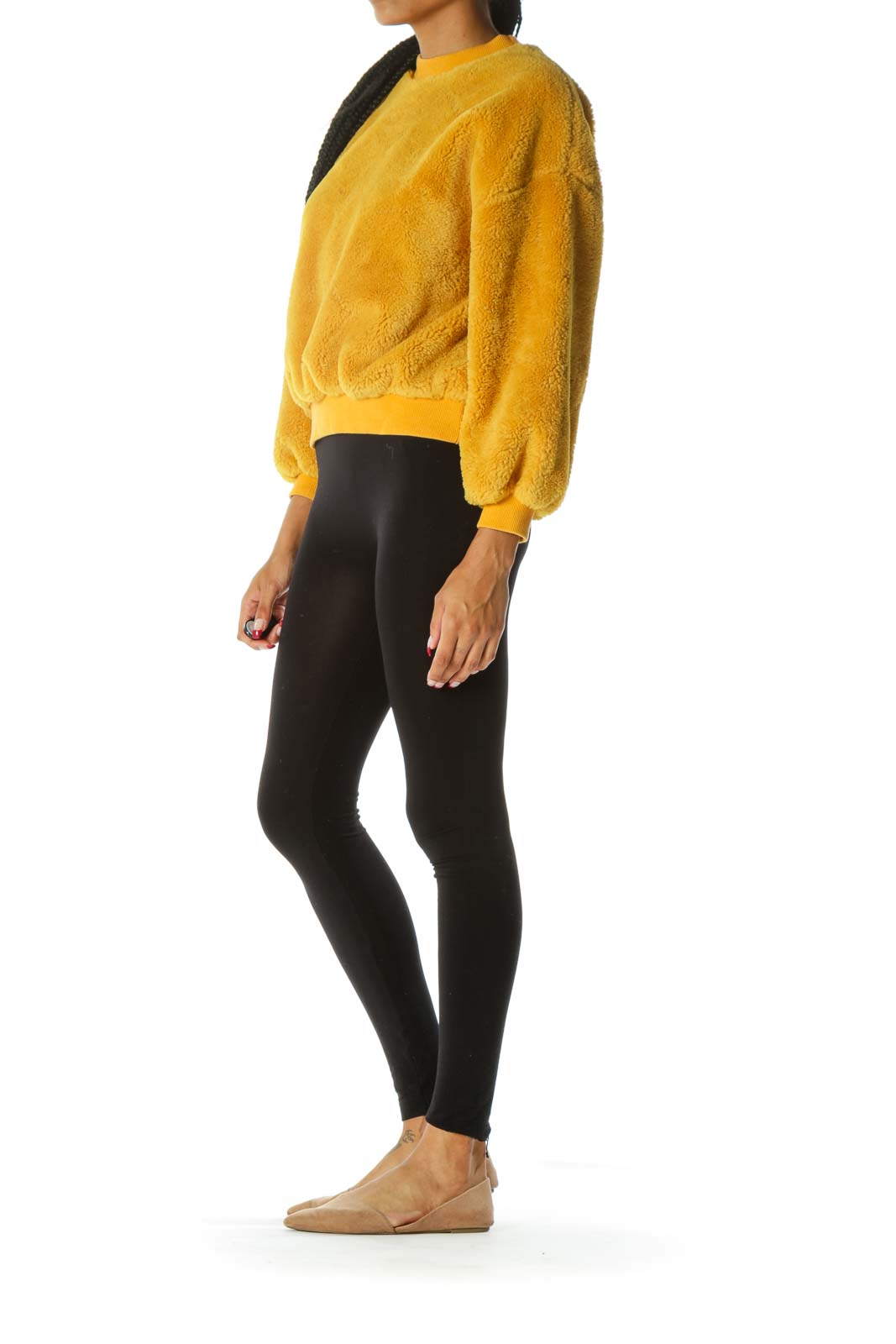 Yellow Round Neck Long Sleeve Fluffy Sweater