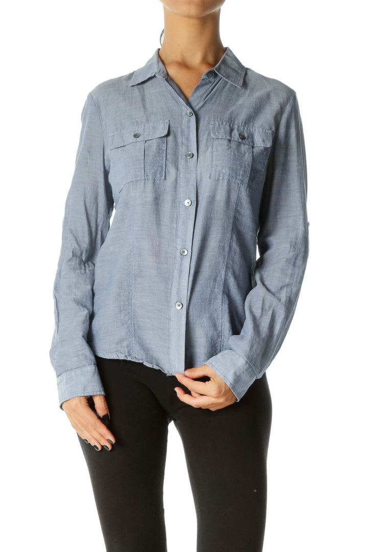 Blue 100% Cotton Breast Pockets Long Sleeve Light Shirt