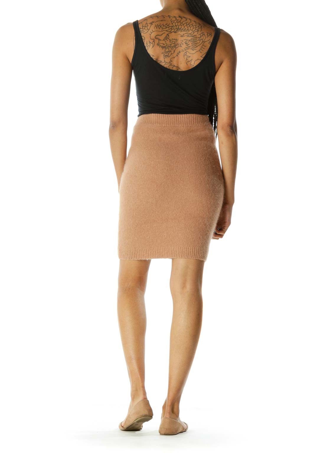 Beige Animal Hair Stretch Elastic Waist Midi Skirt