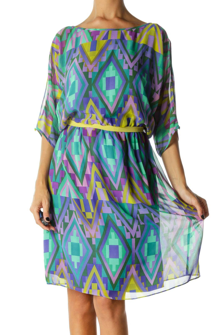 Blue Yellow Purple Geometric Print Cold Shoulder Dress