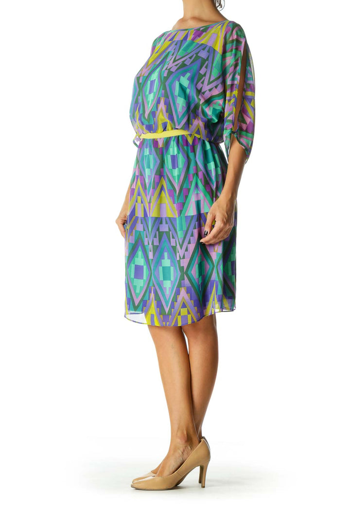 Blue Yellow Purple Geometric Print Cold Shoulder Dress