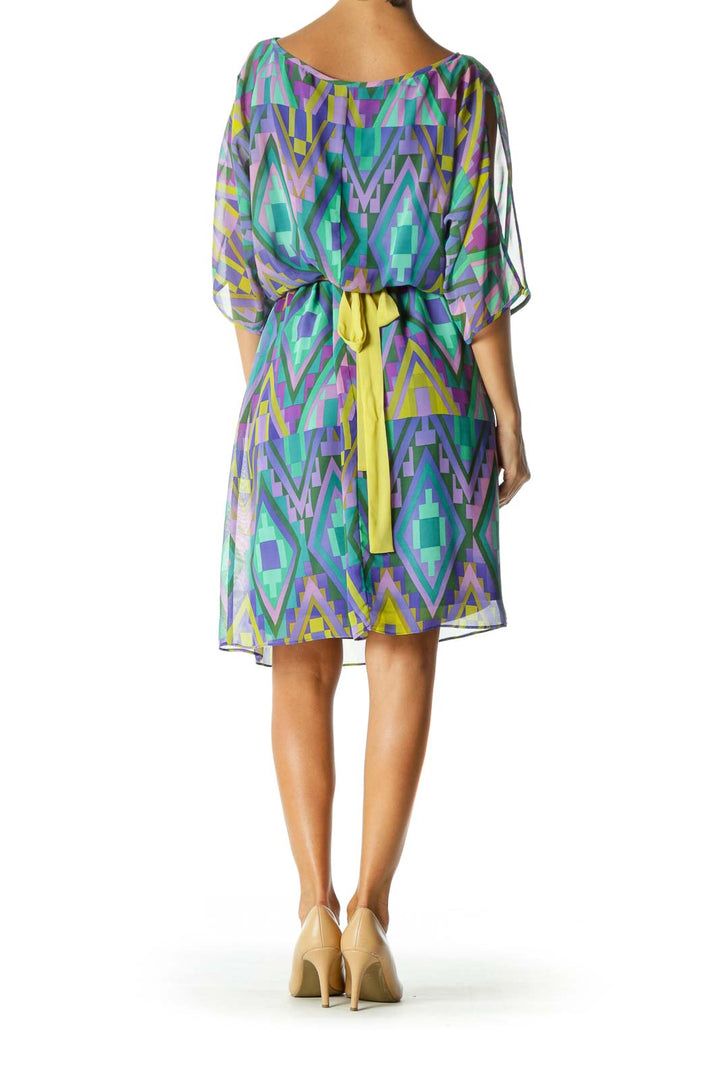 Blue Yellow Purple Geometric Print Cold Shoulder Dress