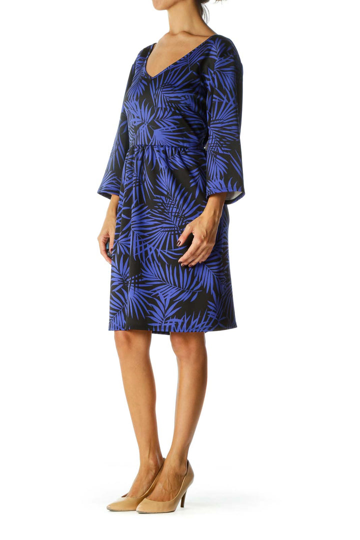 Black Blue Palm Leaves Print 3/4 Sleeve Pocketed Dress