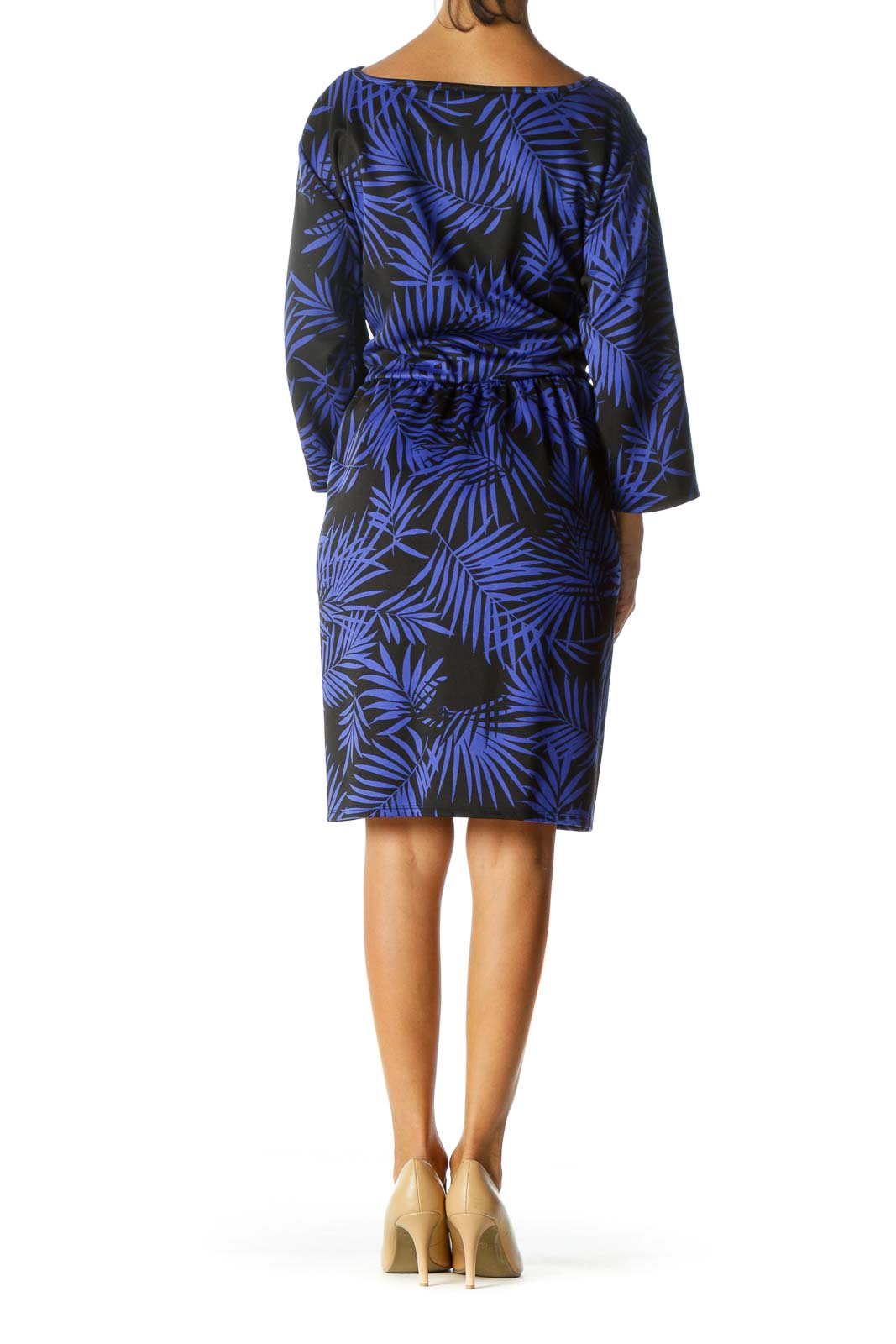 Black Blue Palm Leaves Print 3/4 Sleeve Pocketed Dress