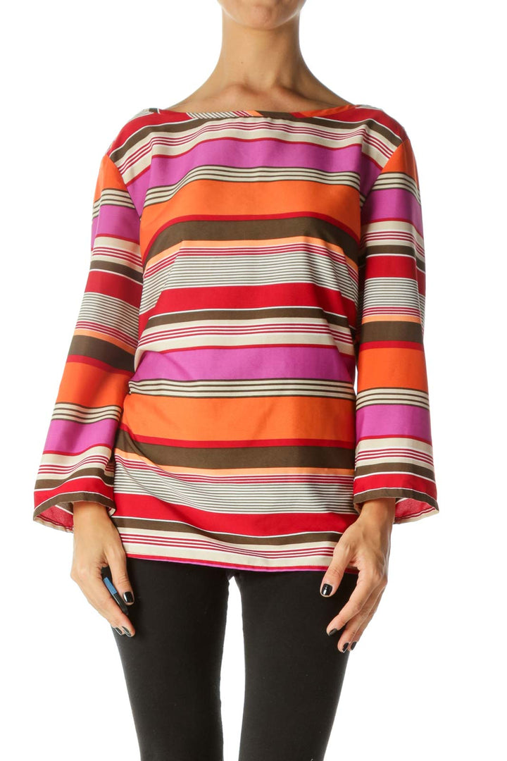 Multicolored Boat Neck Long Sleeve Striped Blouse