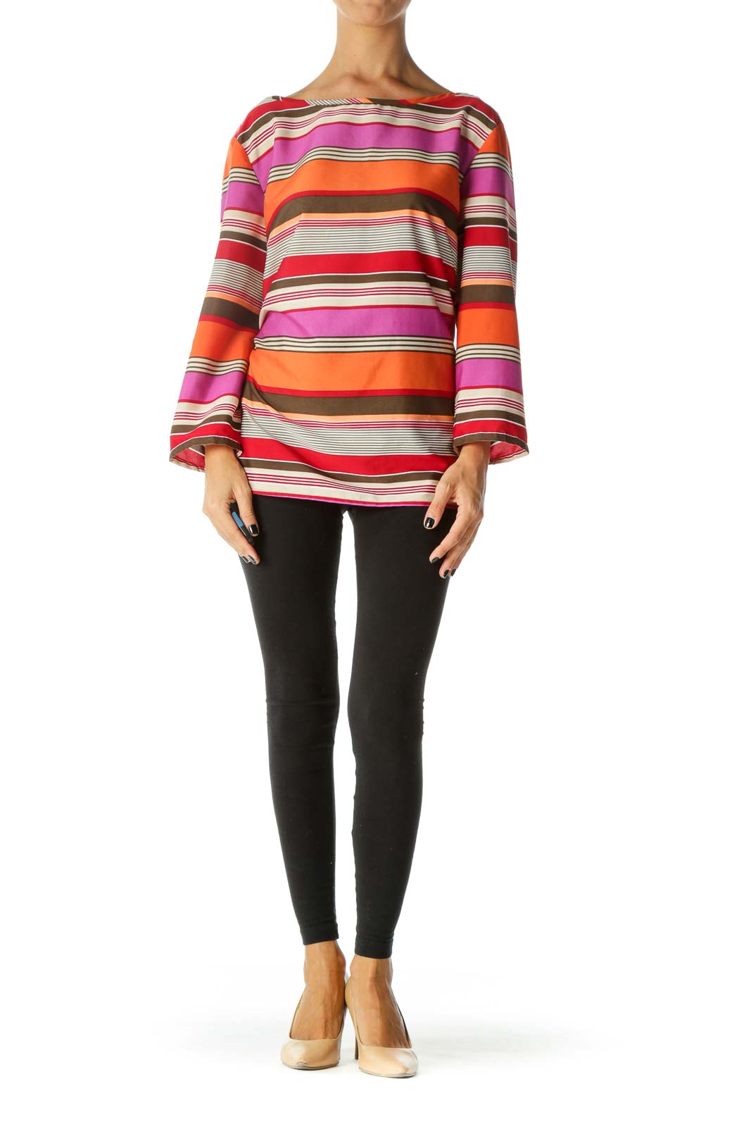 Multicolored Boat Neck Long Sleeve Striped Blouse