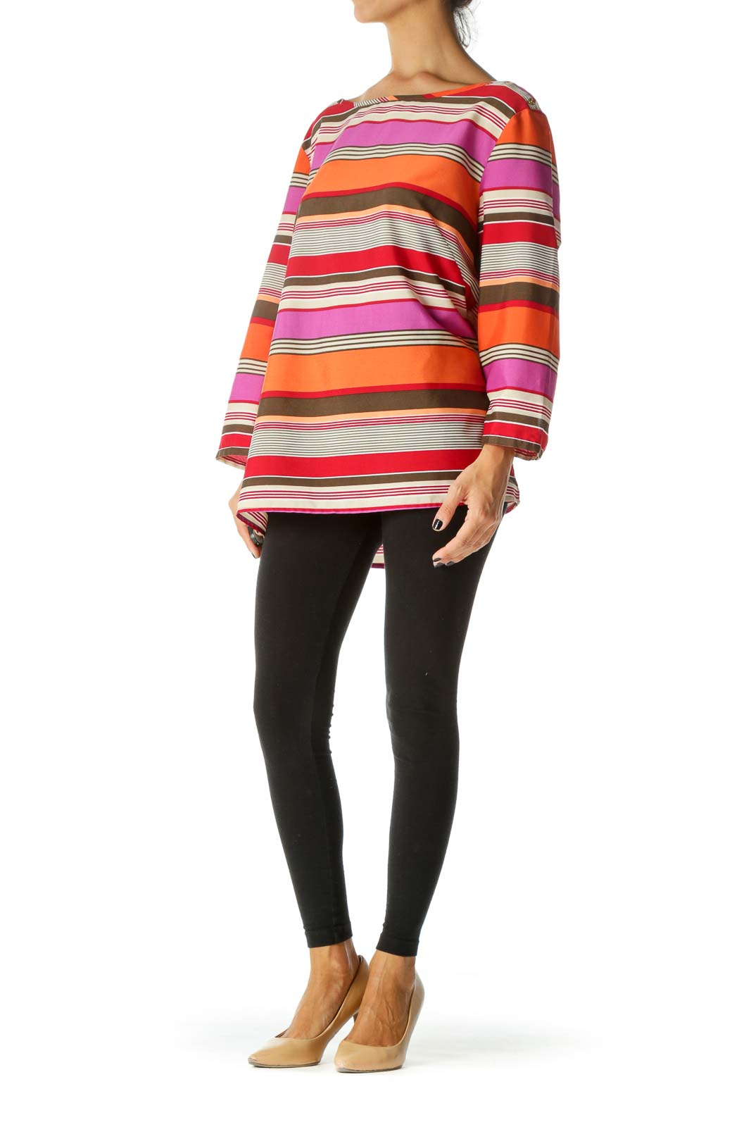 Multicolored Boat Neck Long Sleeve Striped Blouse