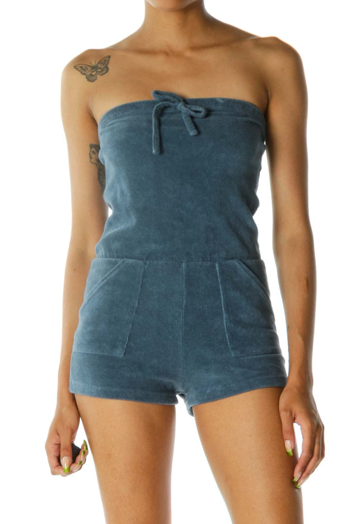 Blue Strapless Textured Pocketed Stretch Romper