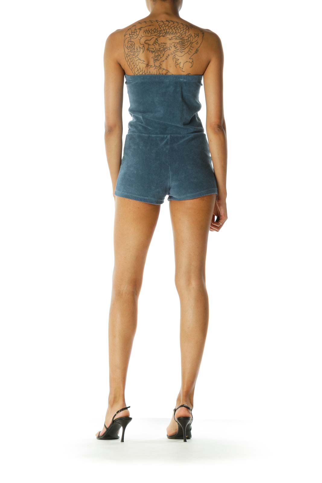 Blue Strapless Textured Pocketed Stretch Romper