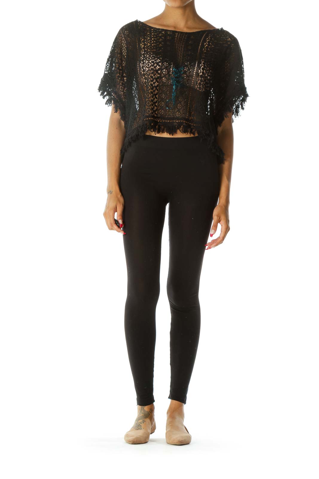 Black Lace Crop Top with Fringe