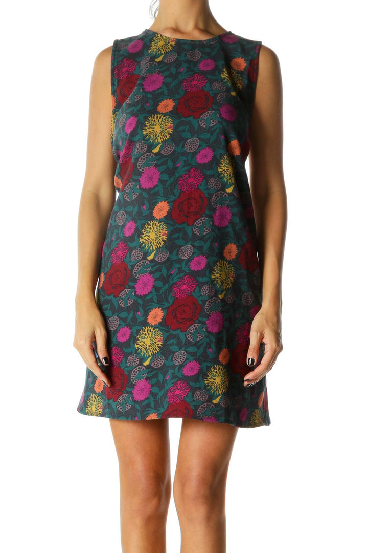 Blue Orange Red Purple Floral Print Round Neck Day Dress