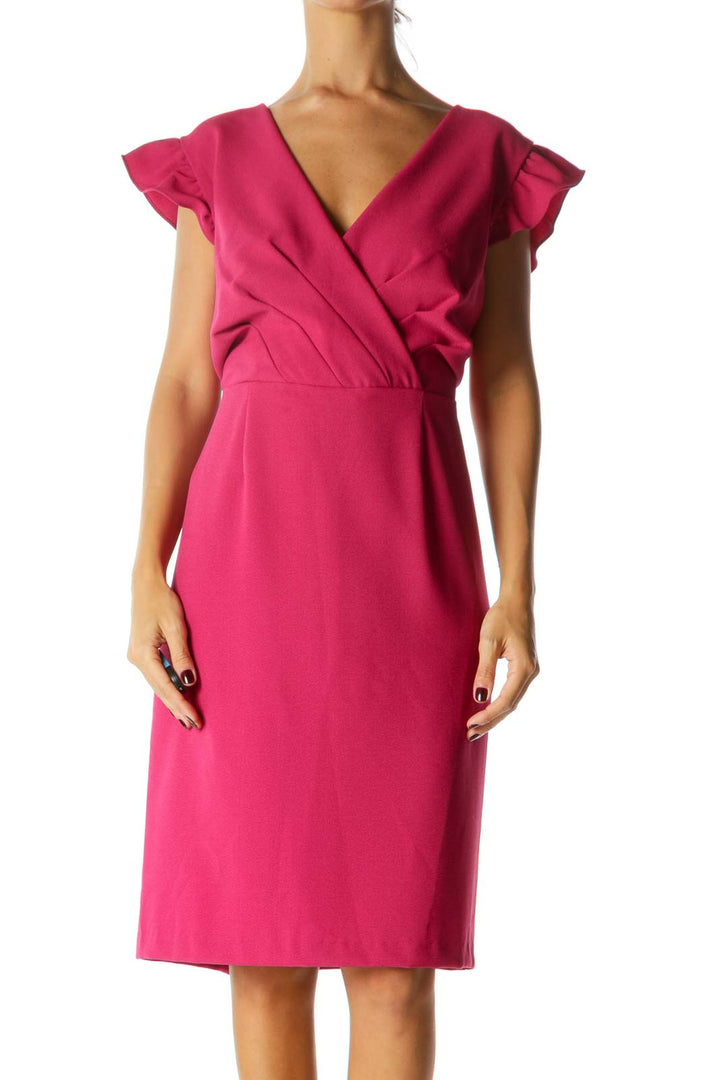 Magenta Pink Flared Sleeves V-Neck Pleated Cocktail Dress