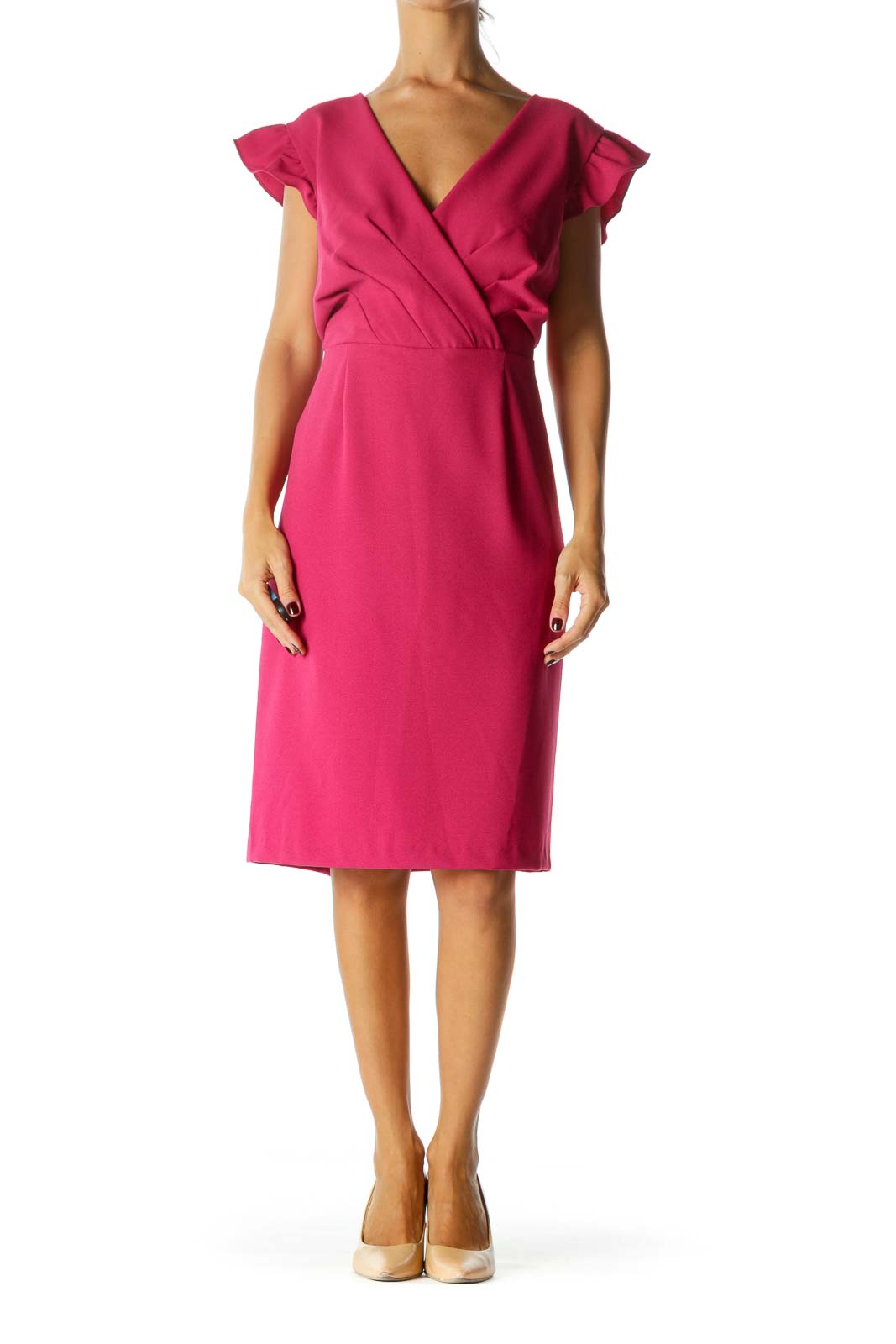 Magenta Pink Flared Sleeves V-Neck Pleated Cocktail Dress