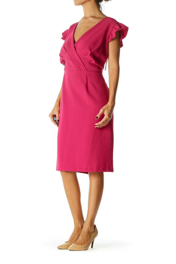 Magenta Pink Flared Sleeves V-Neck Pleated Cocktail Dress