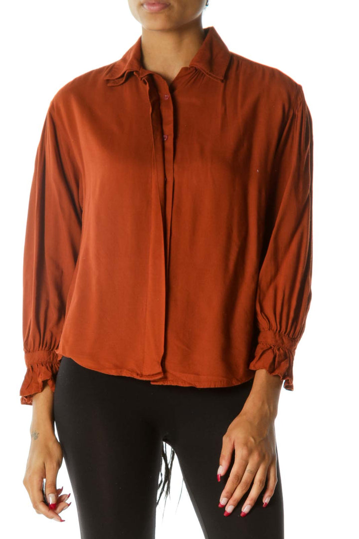 Orange Buttoned Long Sleeve Scrunched Sleeves Shirt