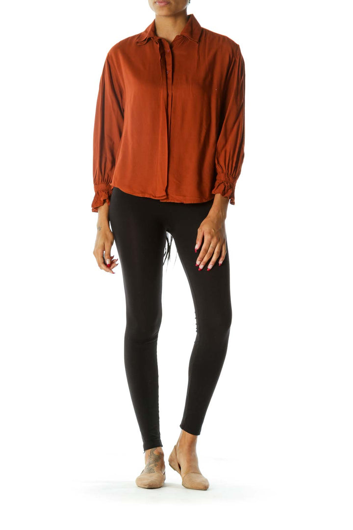 Orange Buttoned Long Sleeve Scrunched Sleeves Shirt