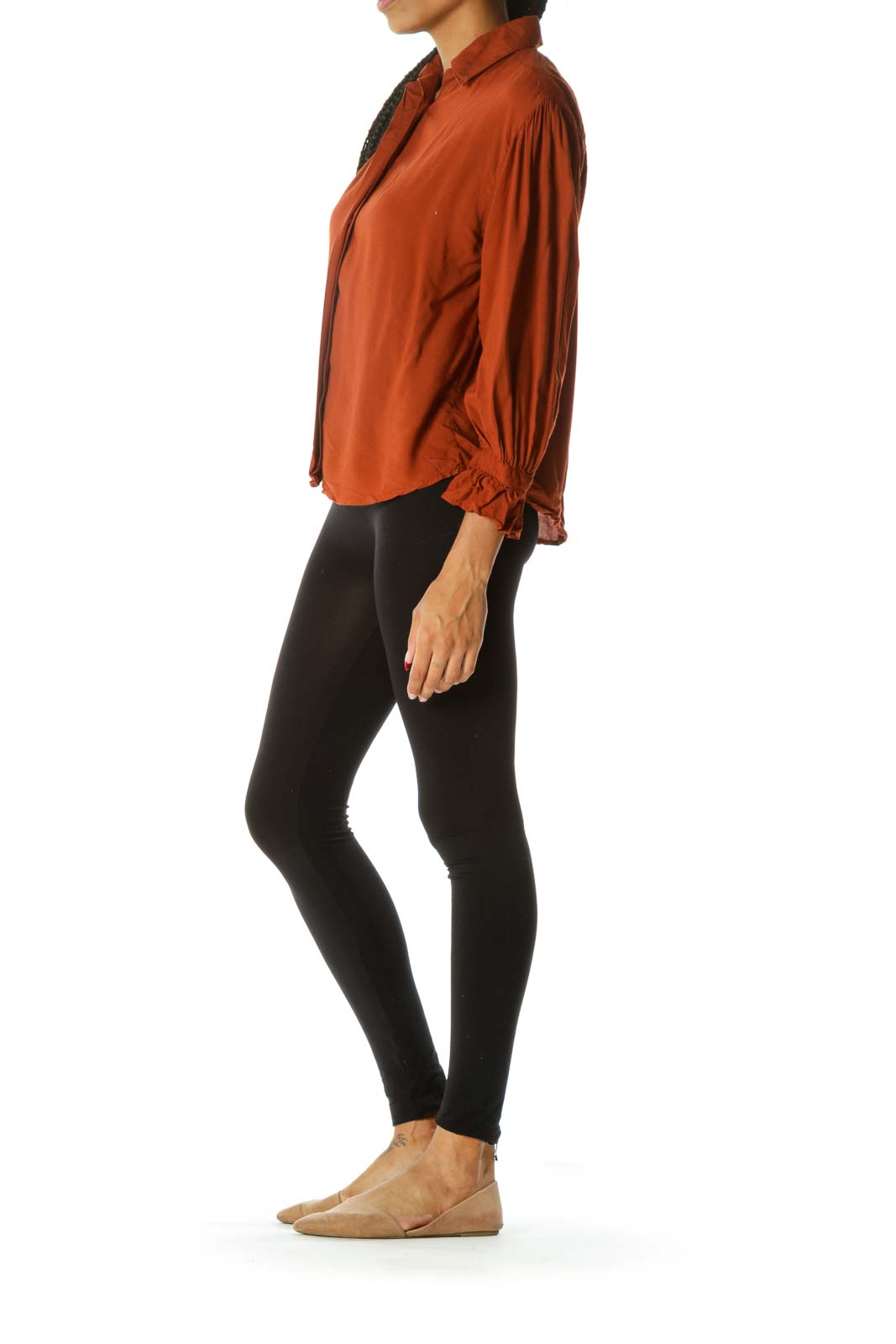 Orange Buttoned Long Sleeve Scrunched Sleeves Shirt