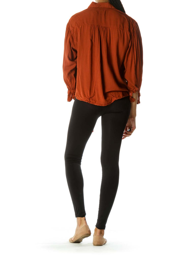 Orange Buttoned Long Sleeve Scrunched Sleeves Shirt