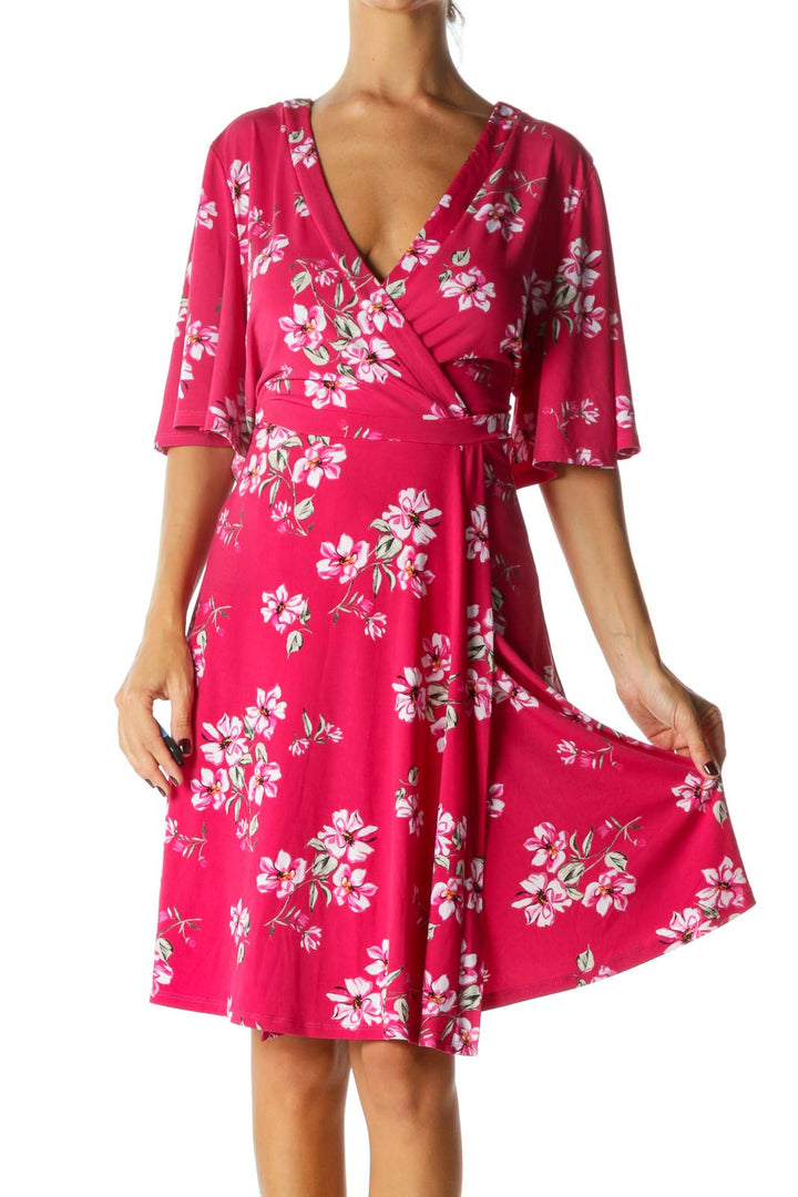 Pink White Green Floral Print Short Sleeves Stretch Mock Wrap Dress