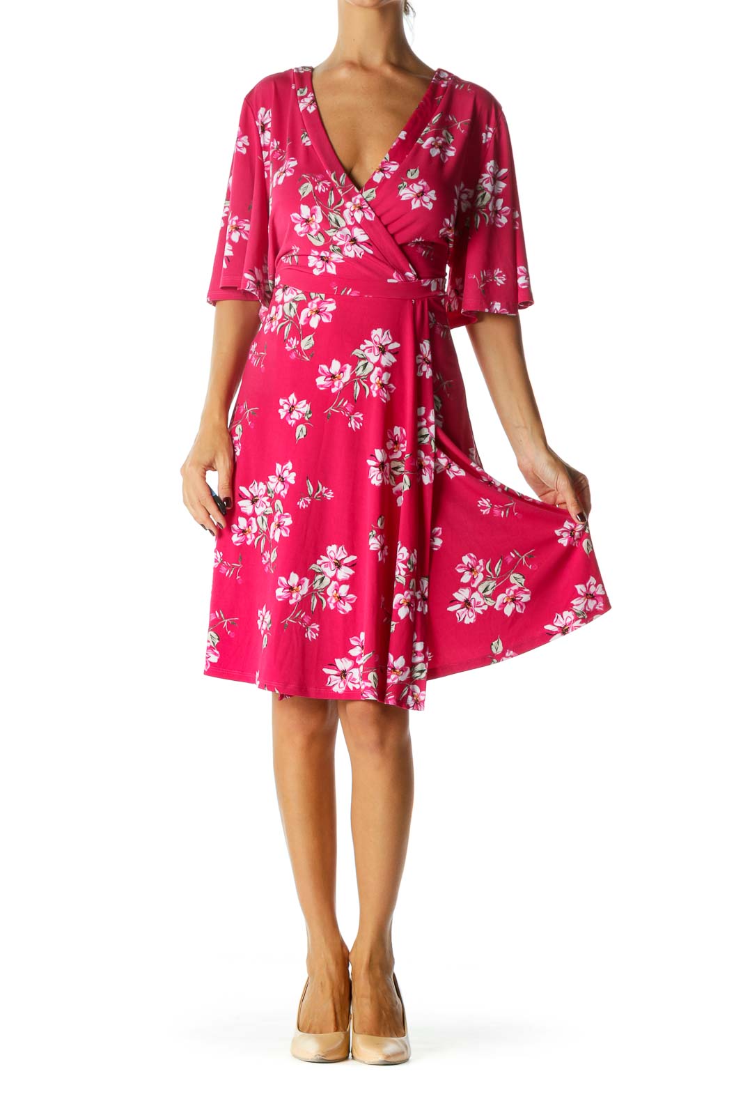 Pink White Green Floral Print Short Sleeves Stretch Mock Wrap Dress