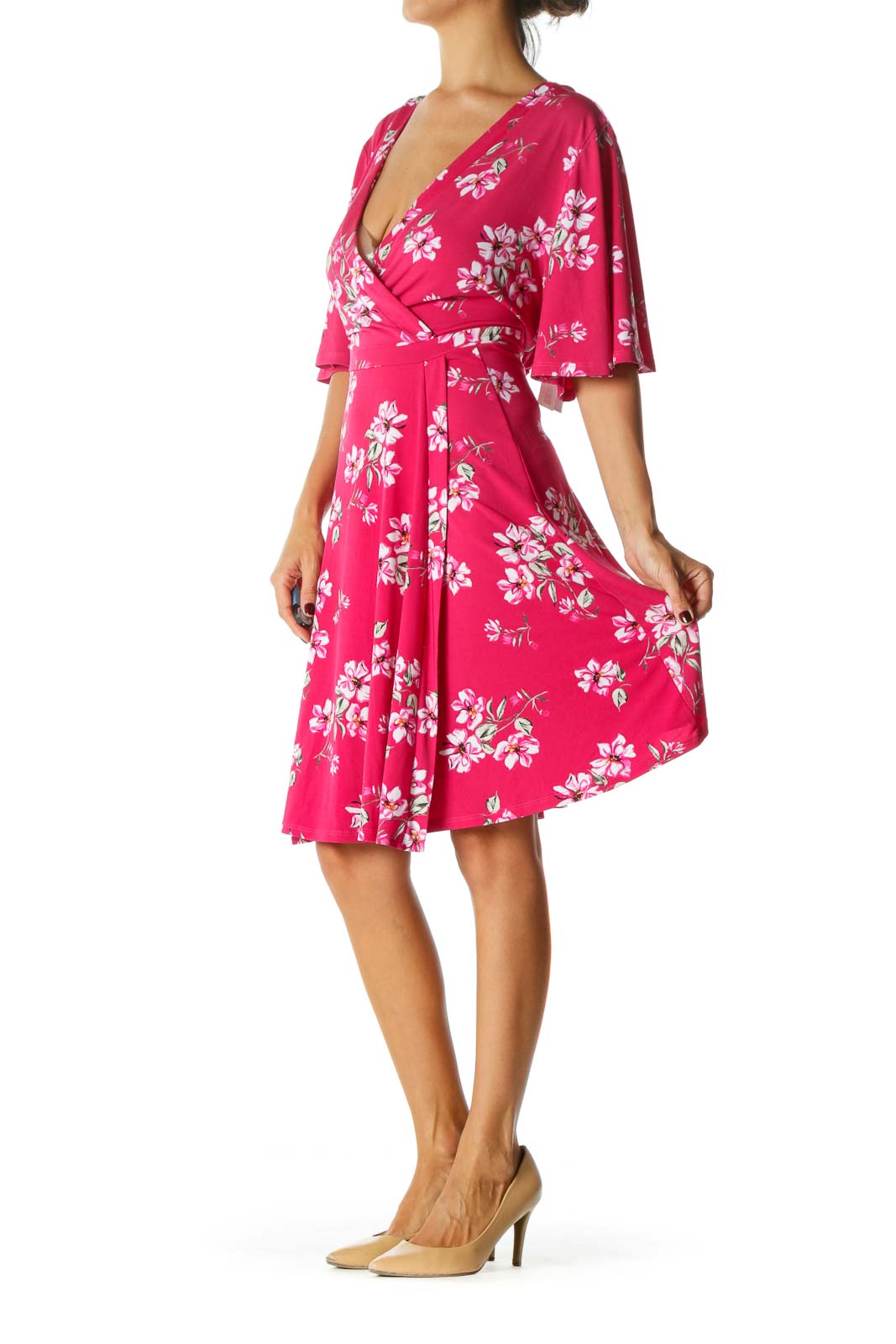 Pink White Green Floral Print Short Sleeves Stretch Mock Wrap Dress