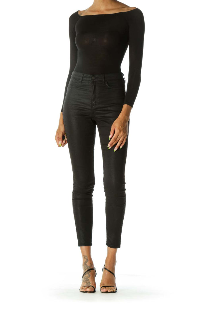 Black Cold Shoulder Jersey-Knit Stretch Bodysuit