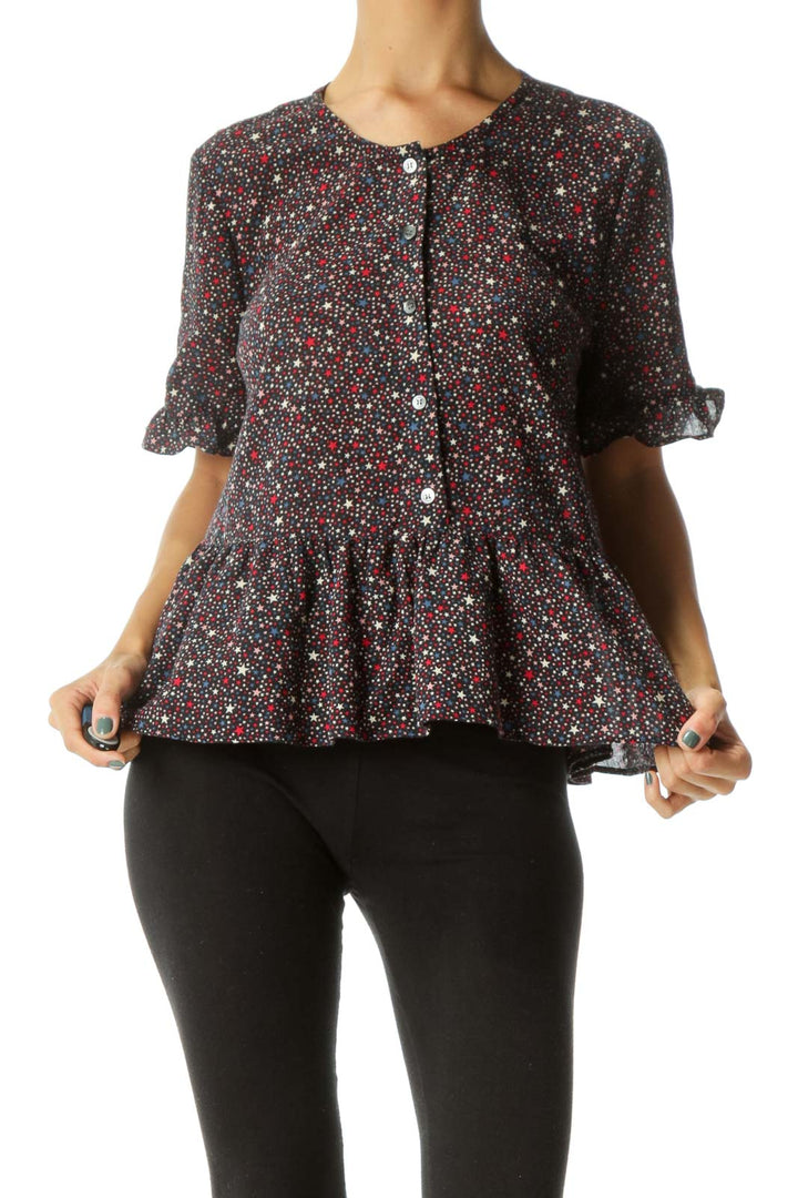 Black Red Cream Blue Star Print Buttoned Peplum Top