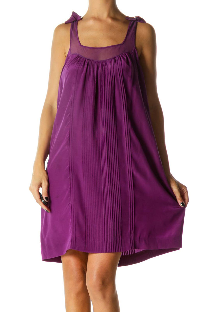 Purple Bows Detail Square Neck Pleated Dress