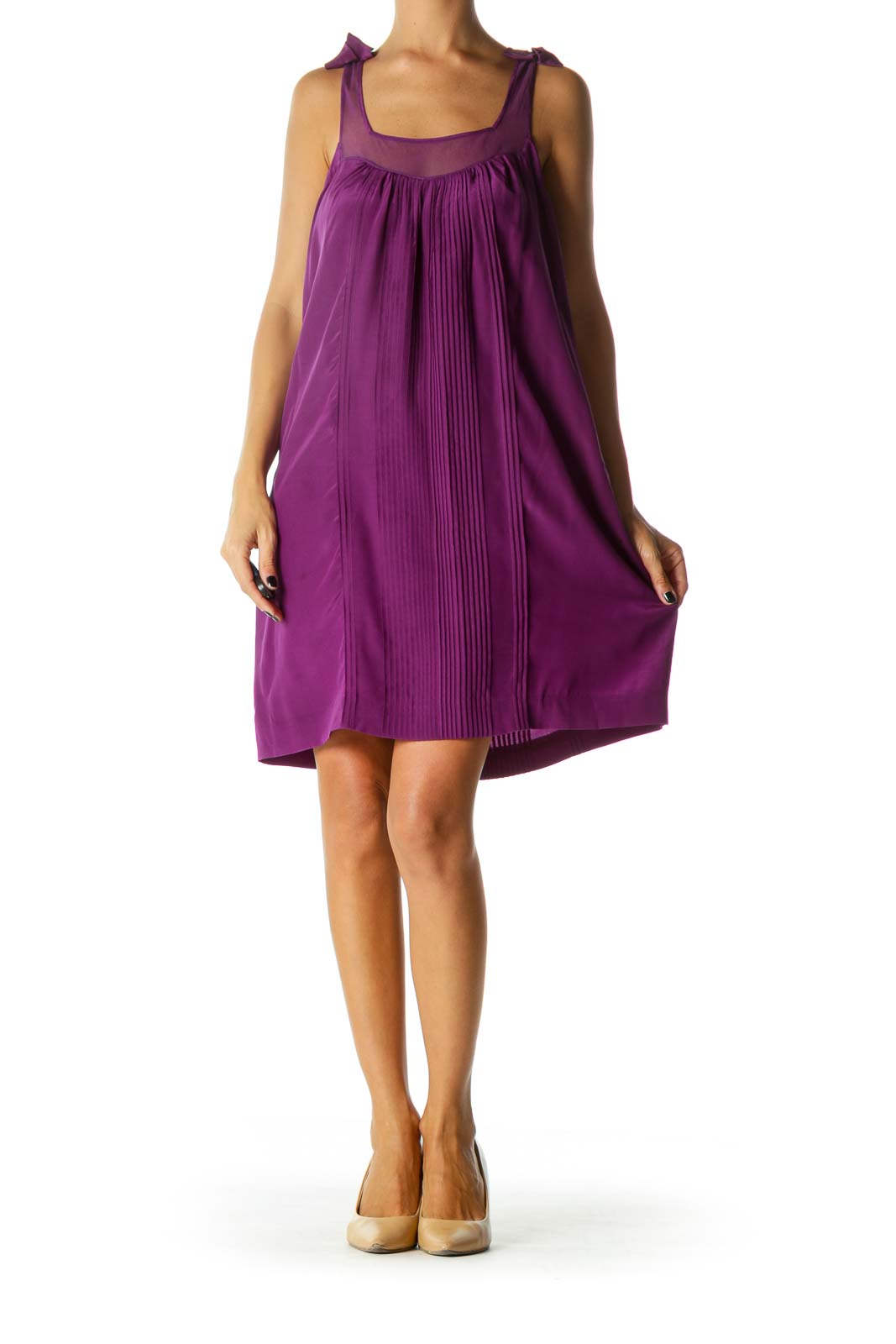 Purple Bows Detail Square Neck Pleated Dress