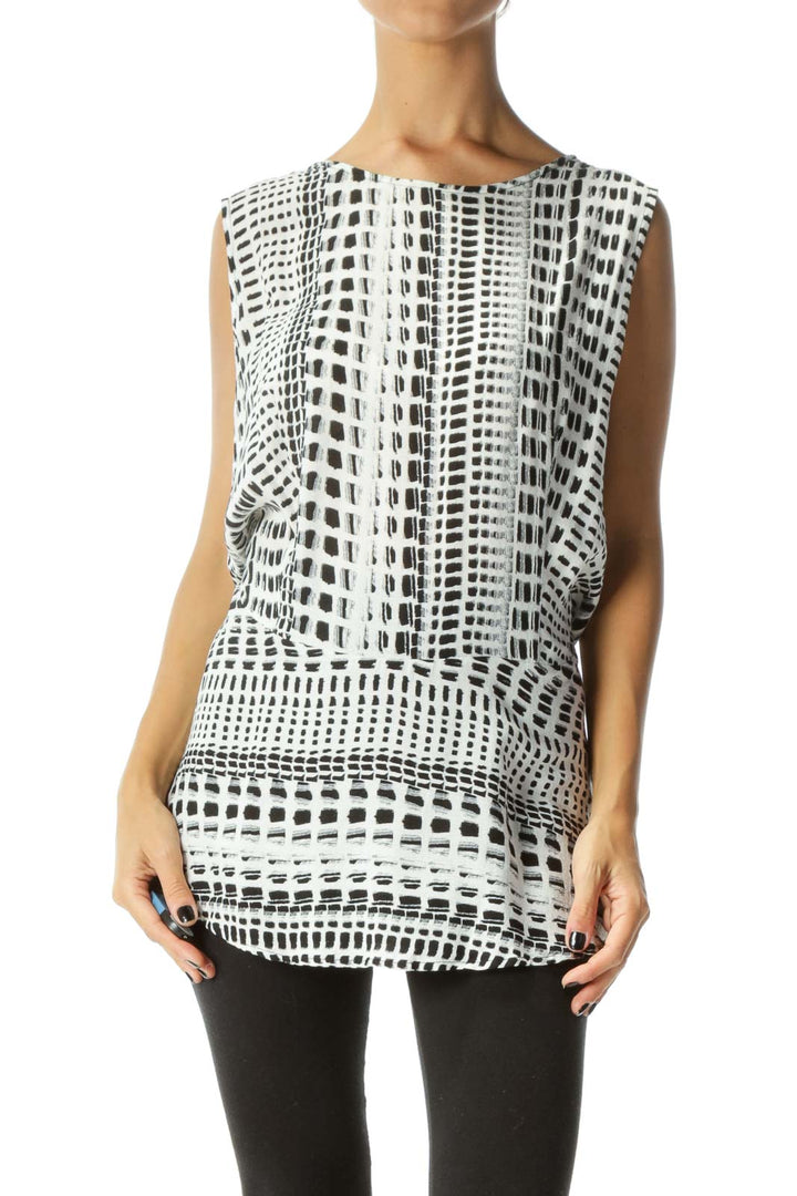 Black White Round Neck Printed Flared Tank Top