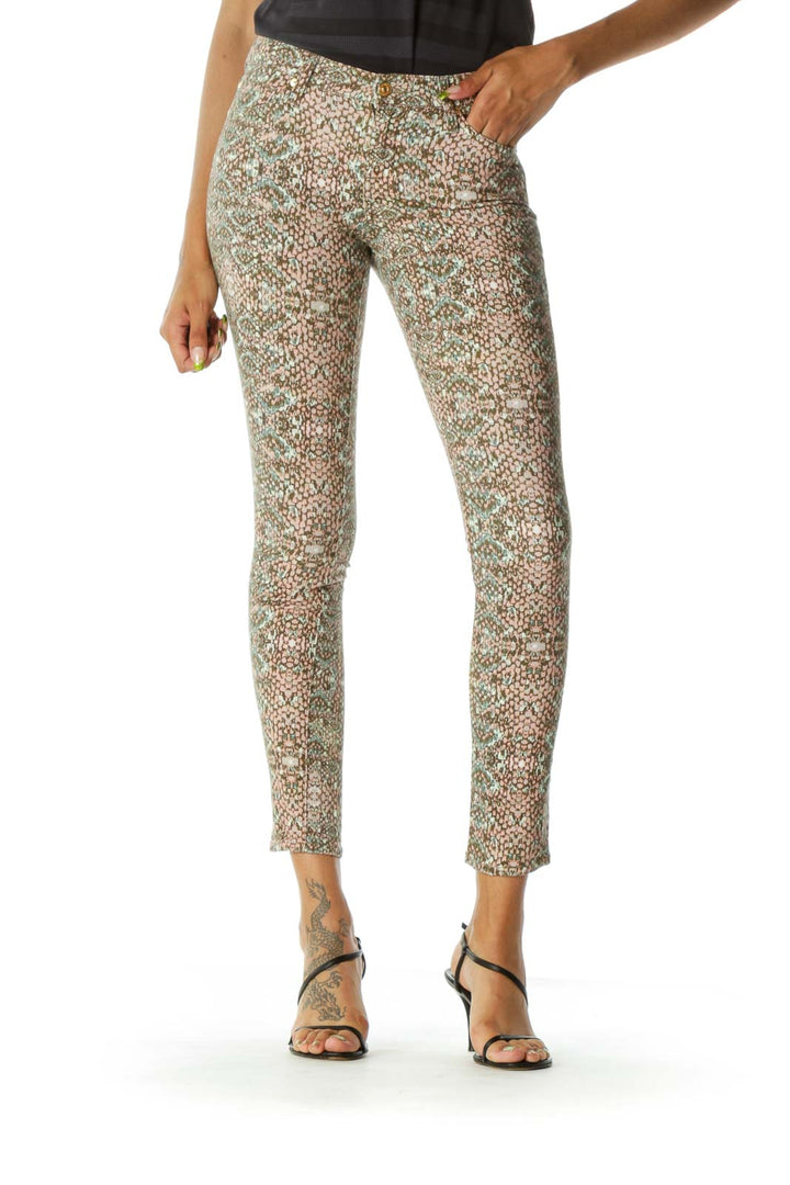 Beige Pink Green Snake Print Tapered Pants