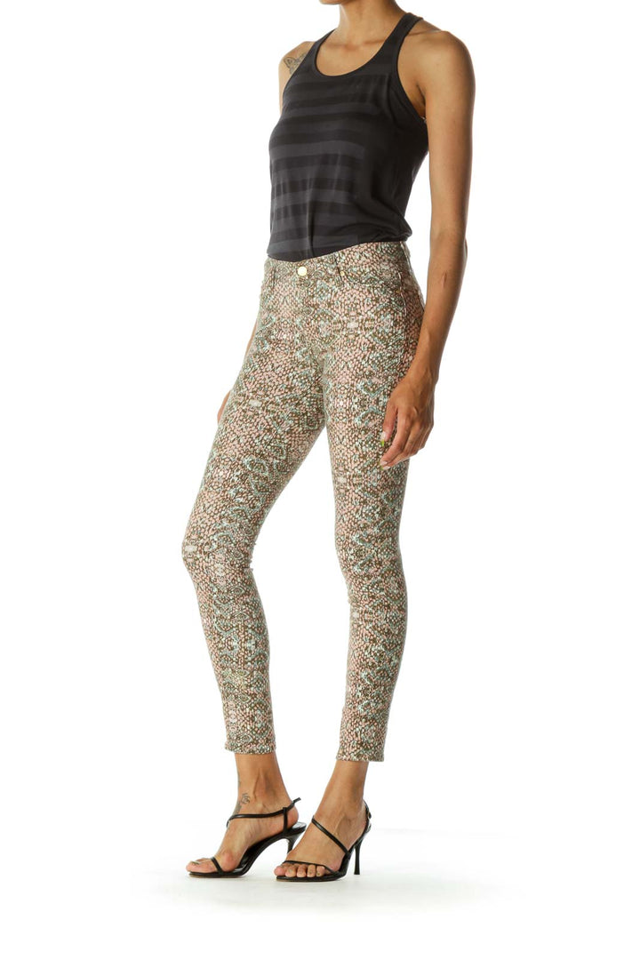 Beige Pink Green Snake Print Tapered Pants