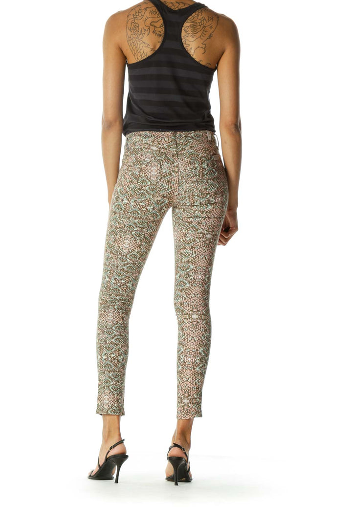 Beige Pink Green Snake Print Tapered Pants