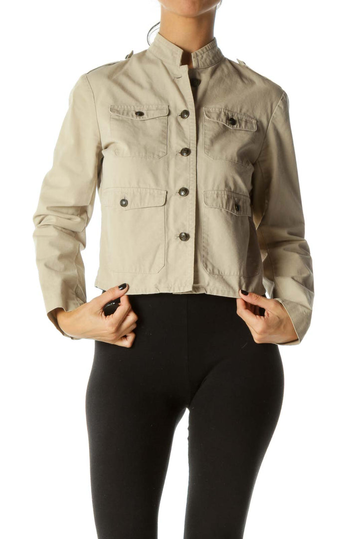 Beige Breast Pockets Buttoned Soldier Style Jacket