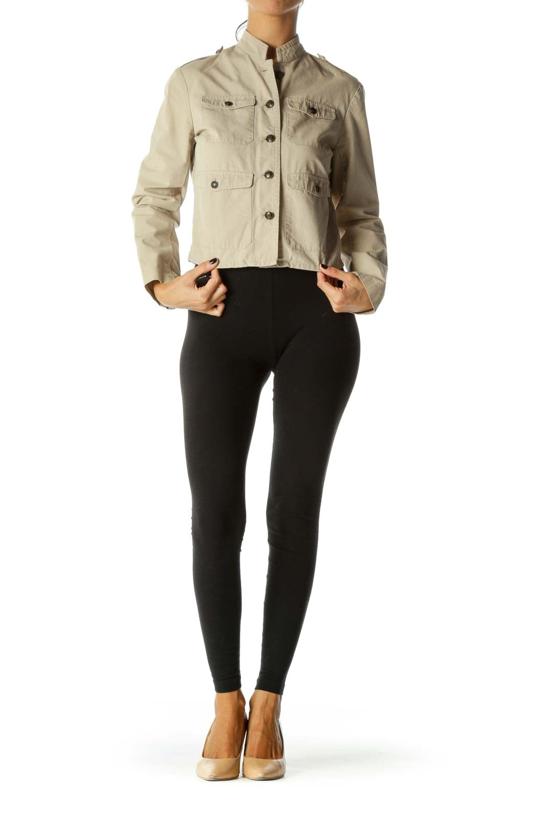 Beige Breast Pockets Buttoned Soldier Style Jacket